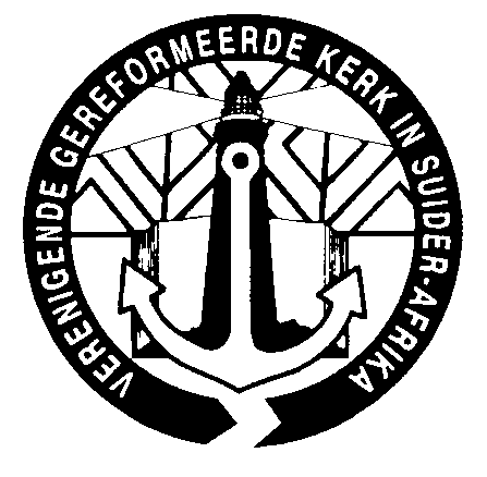 Emblem of URCSA. Contains a ship anchor in white color with a coastal lighhouse on the 
													background in black color. The top part of the ship anchor is aligned to the center of the coastal lighthouse and the 
													bottom part of the ship anchor is spread out on the bottom of the coastal lighhouse. Both the anchor and the lighthouse 
													are within a branded circle which is black in color and the background color within the circle is white. The outline of 
													the circle contains the words 'VERENIGENDE GEREFORMEERDE KERK IN SUIDER-AFRIKA' which is the Dutch language translation 
													for 'Uniting Reformed Church in Southern Africa'. All the words are in white font-color in a black background. The circle 
													is not joined at the bottom of the picture.